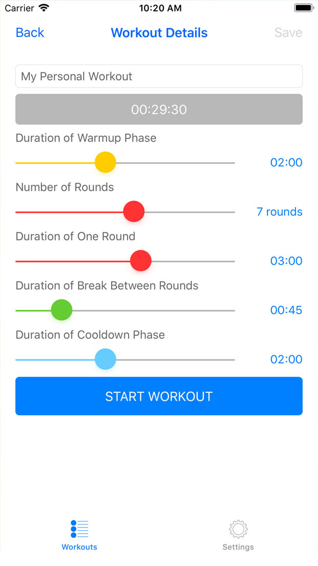 Screenshot of silver iPhone displaying a list of different boxing workouts for men and women.